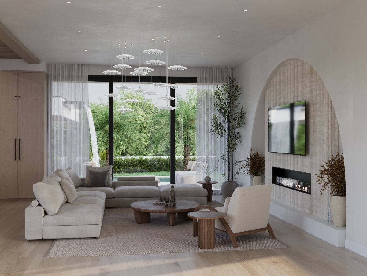 Casa Sera — Living room and arched fireplace — rendering