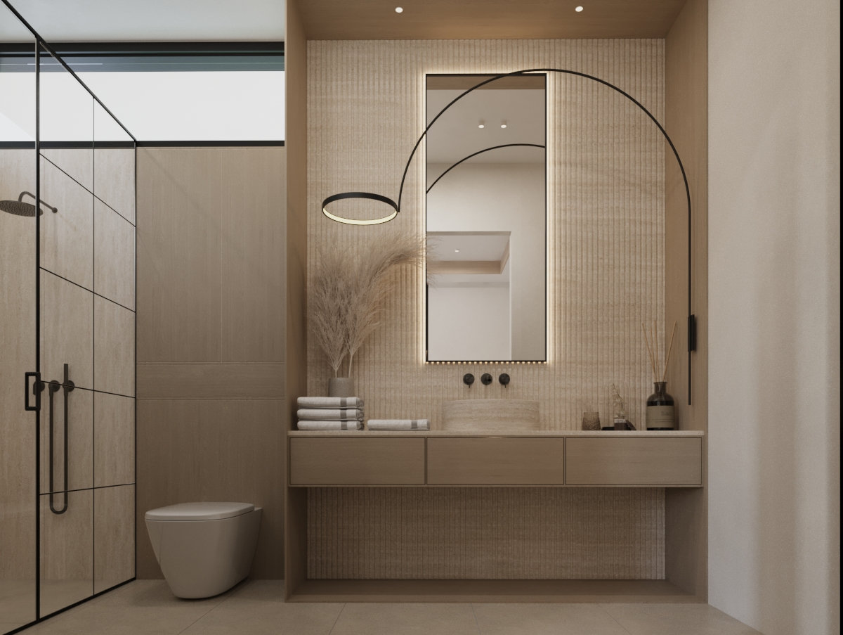 Casa Sera — Bathroom with arched mirror — rendering