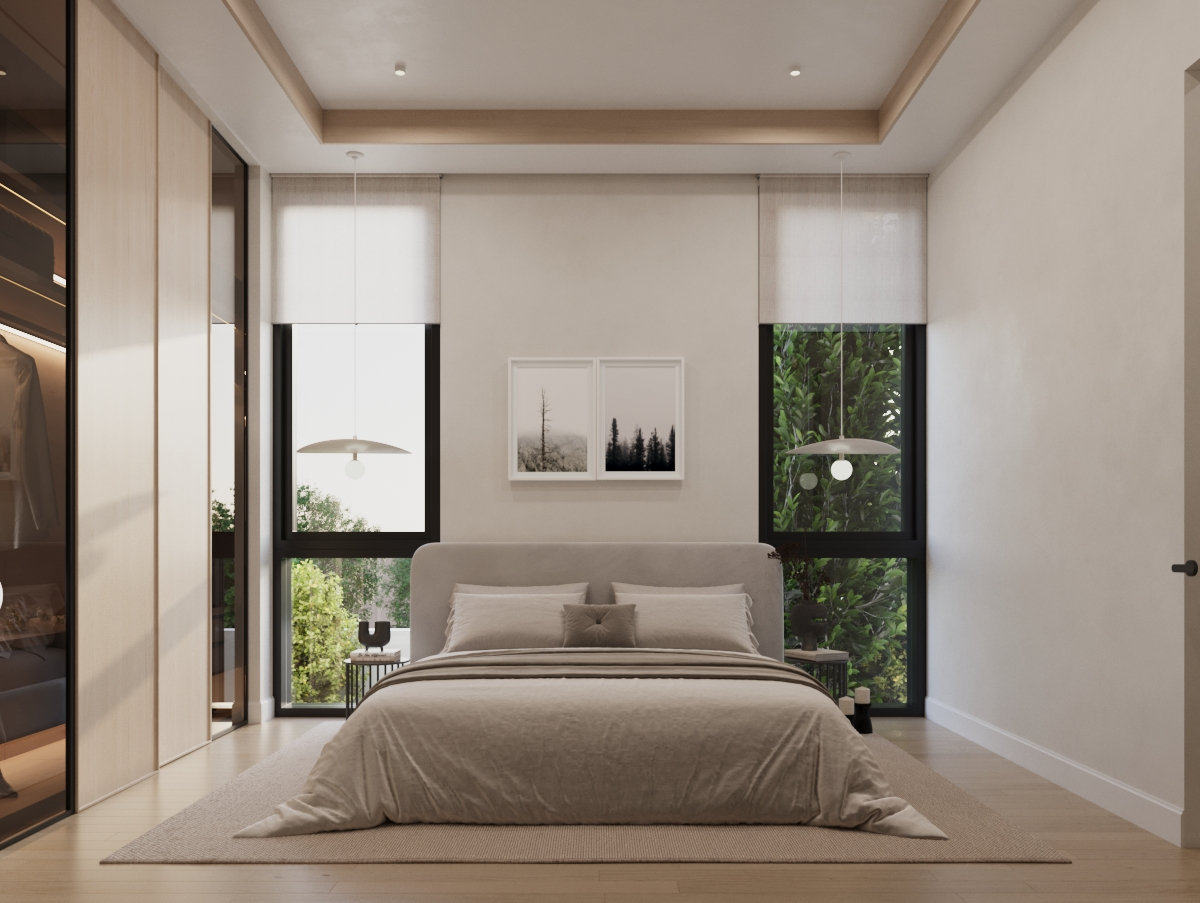 Casa Sera — Bedroom with recessed ceiling — rendering