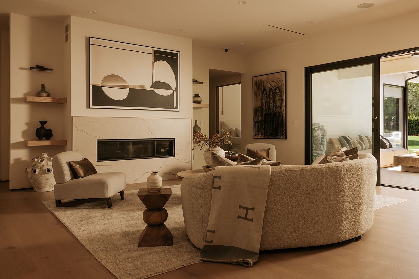 Casa Serena — Living room and stone fireplace